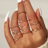 10 Pcs Bohemia Crystal Heart Flower Moon Star Opening Rings Set for Women Girls Fashion Geometric Twist Gold Pearl Ring Jewelry daiiibabyyy