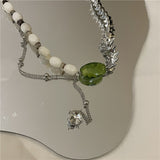 French Fashion Design Green Glazed Stone Inlaid Zircon Pendant Necklace Female Personality Punk Keel Clavicle Sweater Chain daiiibabyyy