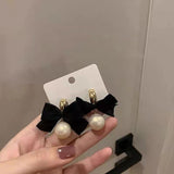 2022 Vintage Black Bowknot Korean Dangle Earrings Fashion Chic Imitation Pearl Round Ball Drop Earrings Party Jewelry For Women daiiibabyyy