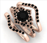 3pcs/set Pretty Women Rose Gold Filling Inlaid Black Stone Zircon Wedding Rings Set Women Bridal Engagement Fashion Jewelry daiiibabyyy
