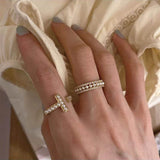 Daiiibabyyy Korean Simple Zircon Pearl Paved Open Rings For Women Personality Jewelry Ring