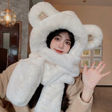 Women Winter Fashion Thickening Warm Plush Scarf Natural Rabbit Fur Bear Ears Hat Outdoor Skiing Integrated Hooded Scarf daiiibabyyy