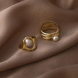2pcs/set Fashion Imitation Pearl Simple Geometric Jewelry Charm Rings Retro Trendy Gold Color Metal Forefinger Rings For Women daiiibabyyy