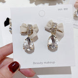 MENGJIQIAO Korean Fashion Velvet Bowknot Drop Earrings For Women Girls Elegant Waterdrop Crystal Pendientes Party Jewelry daiiibabyyy