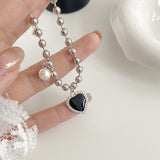 2022 Vintage Black Glaze Heart Charm Bracelets For Women Trendy Metal Beads Chain Simulated Pearl Gothic Hand Jewelry Gift daiiibabyyy