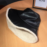 Winter Glabrous Hat Black Pu Leather Fisherman Hat for Men and Women Fashion Japanese Lamb Wool Warm Hat Basin Tide Bucket Hat daiiibabyyy