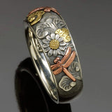Daiiibabyyy Vintage Silver and Rose Gold Color Carved Dragonfly Sunflower Ring Unique Metal Flower Rings Women Engagement Party Ring Jewelry