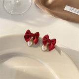 New Fashion Vintage Wine Red Plush Bowknot Ring Earring Personality Simple Autumn And Winter All-match Jewelry For Women Girls daiiibabyyy