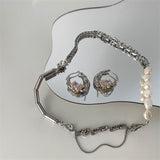 New Fashion Metal Punk Irregular Freshwater Pearl Necklace Chain Inlaid Zircon Earrings Female Personality All-match Jewelry daiiibabyyy