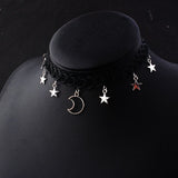 Harajuku Style Goth Black Hollow Mesh Elasticity Chokers Collar For Women Fashion Punk Moon Star Pendant Short Necklaces Jewelry daiiibabyyy