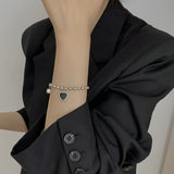 2022 Vintage Black Glaze Heart Charm Bracelets For Women Trendy Metal Beads Chain Simulated Pearl Gothic Hand Jewelry Gift daiiibabyyy