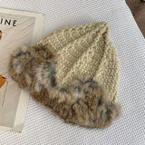 Winter Rabbit Fur Knitted Hat Women Crown Shape Rabbit Fur Decoration Woolen Hat Fashion Plush Warm Women's Winter Hats 2022 daiiibabyyy