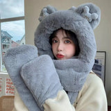 Women Winter Fashion Thickening Warm Plush Scarf Natural Rabbit Fur Bear Ears Hat Outdoor Skiing Integrated Hooded Scarf daiiibabyyy