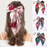 Girl Flower Print Oversized Bow Knot Hairgrips Bohemian Hair Bow Elegant Satin Hair Clips Hair Accessories Ponytail Holder daiiibabyyy