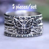 5 Pieces/set Creative Newest Design Simple Fashion Women Silver Carved Butterfly Ring Wedding Promise Party Jewelry Set