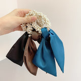 Solid Color Bow Streamers Hair Rope Ponytail Holder Hair Scarf Bowknot Elastic Hair Bands Ribbon Pearl Hair Scrunchies daiiibabyyy