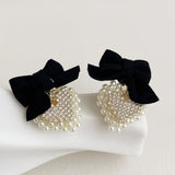 2022 Korean Fashion Chic Imitation Pearl Crystal Heart Statement Drop Earrings For Women Simple Cloth Bow Dangle Earring Jewelry daiiibabyyy
