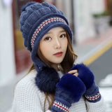 Women's Winter Hats With gloves Fur Hats Pom Poms Ball Beanie Caps Knitting Thick Skullies Female Cap Gorros with Gloves daiiibabyyy