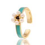 European and American Style Jewelry Copper Drop Oil Flower Ring Temperament Pearl Ring Personality Geometric Jewelry Lover Gift daiiibabyyy