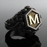 Classic Retro Black Men Rings Gold Filling Carving M Letter Signet Steampunk Rings for Men Birhday Gift Party Gothic Jewelry