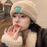 Cute Biking Ear Protection Warm Landlord Hat Winter Head Hood Ladies Thick Lamb Velvet Melon Leather Hat шапка женская зима 2022 daiiibabyyy