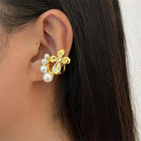HUANZHI 2022 Gold Metal Pearl Flower Ear Cuff Earrings without Piercing Geometric Cartilage Earrings for Women Girl Jewelry daiiibabyyy