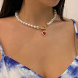 17KM Vintage Pearl Necklace For Women Retro Red Crystal Heart Pendant Pearl Choker Necklaces Gifts Jewelry daiiibabyyy