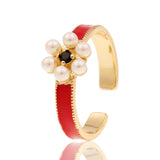 European and American Style Jewelry Copper Drop Oil Flower Ring Temperament Pearl Ring Personality Geometric Jewelry Lover Gift daiiibabyyy