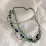 Sweet Cool Girl Multi Layers Choker Necklace Fashionable Green Stone Round Bead Chain Clavicle Jewelry Vintage Neck Accessories daiiibabyyy