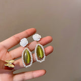 Retro Elegant Imitation Pearl Green Opal Water Drop Earring For Women Fashion Korean Resin Flower Dangle Boucle D'oreille bijoux daiiibabyyy