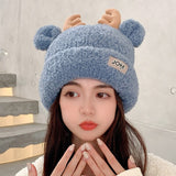 Women Autumn and Winter Cute Warm Hat Winter Antlers Lamb Fur Hat Funny JOKE Logo Hat Women Padded Hedging Hat daiiibabyyy