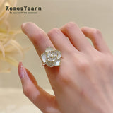 2021 New Elegant White Oil Dripping Camellia Rings For Woman Korean Fashion Flower Jewelry Party Girl's Sweet Rings Accessories daiiibabyyy