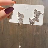 17KM Korean Asymmetrical Rhinestone Butterfly Drop Earrings For Women Girls Trendy Fashion Pearl Chain Earrings Jewelry Gifts daiiibabyyy