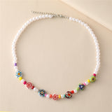 17KM Y2K Style Flower Beaded Necklace for Women Bohemian Colorful Short Beaded Pearl Choker Necklace Female Jewelry daiiibabyyy