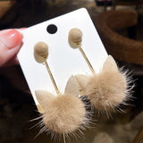 Korean Fashion Cute Cat Ear Pompom Ball Dangle Earrings for women New Trendy Mink Fluffy Ball Long Charm Drop Earrings Jewelry daiiibabyyy
