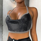 Lacteo Sexy Shiny Rhinestone Bikini Body Chain Jewelry for Women Deep V Crop Top Alloy Underwear Belly Chain Cage Chest Bra Gift daiiibabyyy