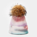 Wool Beanies Women Real Fur Pom Poms Fashion Knitted Hat Girls Tie dye Color Female Beanie Cap Pompom Winter Hats for Women daiiibabyyy