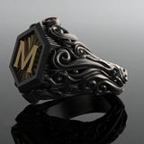 Classic Retro Black Men Rings Gold Filling Carving M Letter Signet Steampunk Rings for Men Birhday Gift Party Gothic Jewelry daiiibabyyy