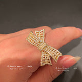 French Romantic Light Extravagant Rice Bead Bow Gold Rings Korean Fashion Jewelry Party Girls Exaggerated Accessories For Woman daiiibabyyy