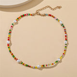 17KM Y2K Style Flower Beaded Necklace for Women Bohemian Colorful Short Beaded Pearl Choker Necklace Female Jewelry daiiibabyyy