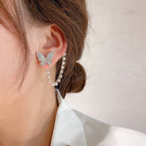 17KM Korean Asymmetrical Rhinestone Butterfly Drop Earrings For Women Girls Trendy Fashion Pearl Chain Earrings Jewelry Gifts daiiibabyyy