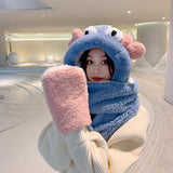 Women Stitching Color Cute Scarf 100% Wool Cold and Warm Hat  Autumn and Winter Love Scarf Winter Skiing All-in-one Hood daiiibabyyy