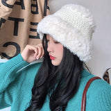 Rabbit Fur Soft Waxy Yarn Hat Winter Hats for Women French Designer Stitching New Warm Knitted Fisherman Hat Thick Winter daiiibabyyy