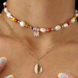 2 Pieces Crystal Letter Shell Pendant Pearls Beaded Necklace For Women Natural Stone Bead Choker Initial Name DIY Jewelry Gift daiiibabyyy