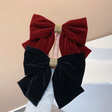Winter Red Velvet Chain Big Bow Barrette For Woman Hair Accessories Solid Color Hair Clips Sweet Big Bow Hair Clips Korean Style daiiibabyyy