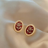 Korean elegant temperament geometry creative geometry restoring ancient ways flower pearl ear nail, fashionable women's earrings daiiibabyyy