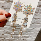 MENGJIQIAO Korean Fashion Asymmetry Snowflake Crystal Drop Earrings For Women Long Pearl Tassel Pendientes Jewelry Gifts