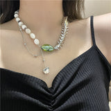 French Fashion Design Green Glazed Stone Inlaid Zircon Pendant Necklace Female Personality Punk Keel Clavicle Sweater Chain daiiibabyyy