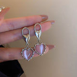 Korean Sweet Cute Pink Crystal Stone Heart Statement Dangle Earrings Female Party Jewelry Fashion Wedding Drop Earring For Women daiiibabyyy
