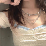 FFLACELL Punk Hip Hop French Multilayer Metal Chain Necklace Pearl Clavicle Chain Silver Color Rose Pendant for Women daiiibabyyy